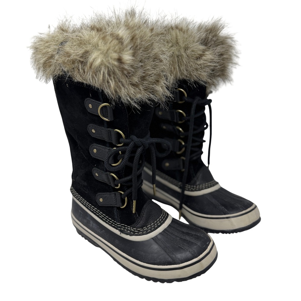 Sorel Joan of Arctic Boot Womens 7.5 Black Excellent Waterproof Faux Fur Suede